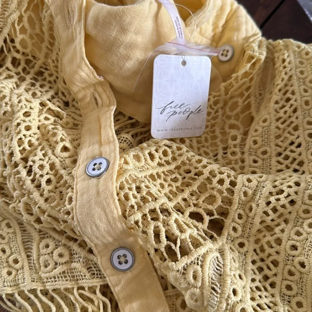 Free People all things sweet crochet button down top XS NWT yellow plum
